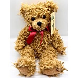 First and Main Scraggles Teddy Bear Shaggy Tan Plush Red Bow 1114 Vintage Style